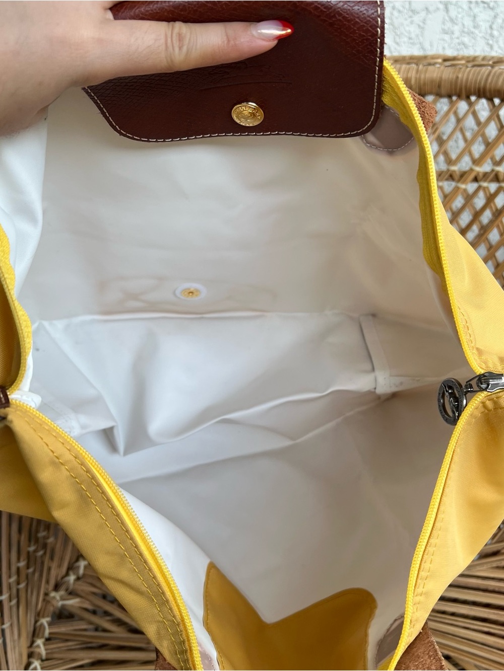 Longchamp Yellow Tote Bag with Brown Leather Trim - Classic Women's Handbag - Picture 4 of 8